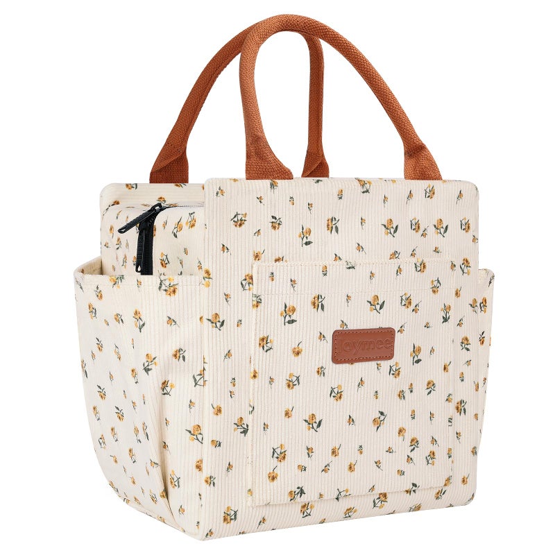 Joymee Lunch Bag Women Insulated Lunch Box Cute Corduroy Reusable Leakproof Large Capacity Lunch Tote Bag for Women Men Adult with Bottle Holder and Side Pockets for Work Corduroy YellowFloral - Image 2