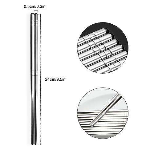 Tiokin Premium Reusable Stainless Steel Chopsticks - 5 Pairs, 9.5 Inch, Square, Non-Slip, Dishwasher Safe, Use for Home, Kitchen, Hotel, Restaurant - Image 2