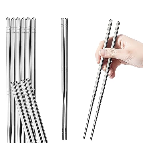 Tiokin Premium Reusable Stainless Steel Chopsticks - 5 Pairs, 9.5 Inch, Square, Non-Slip, Dishwasher Safe, Use for Home, Kitchen, Hotel, Restaurant - Image 1