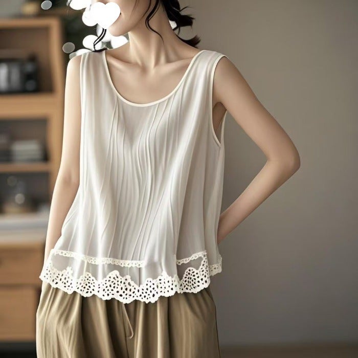 Cotton And Linen Lace Hem Camisole Outer Wear For Women Plus Size Fat Mm Belly-Covering Sleeveless Babydoll Top - Image 1
