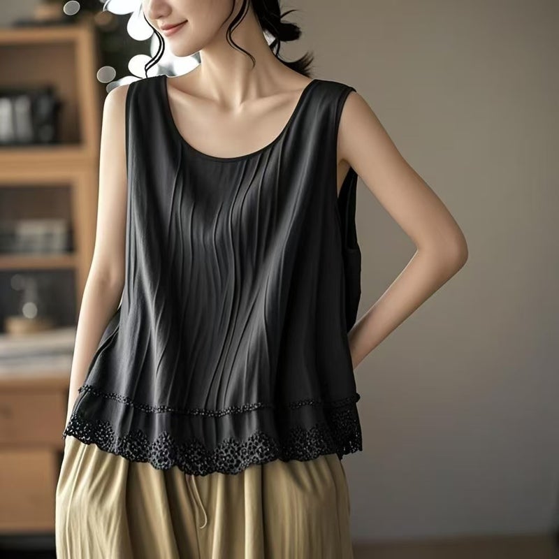 Cotton And Linen Lace Hem Camisole Outer Wear For Women Plus Size Fat Mm Belly-Covering Sleeveless Babydoll Top - Image 3