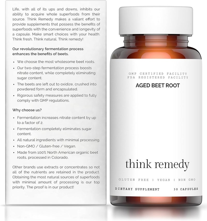 Think Remedy كبسولات جذر الشمندر aged  حبوب الشمندر للطاقة  مسحوق جذر الشمندر العضوي  مكمل أكسيد النيتريك  نترات بدون سكر  30 كبسولة  مكمل جذر الشمندر  سوبر - Image 2