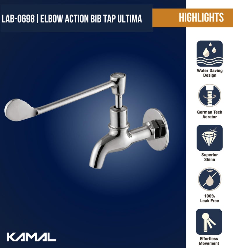 KAMAL Full Brass Eco Elbow Action Bib Cock Tap | Wall Mount Faucet with Wall Flange | Chrome Finish | Durable & Rust Resistant | Silver (Pack of 1) - Image 2