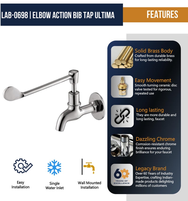 KAMAL Full Brass Eco Elbow Action Bib Cock Tap | Wall Mount Faucet with Wall Flange | Chrome Finish | Durable & Rust Resistant | Silver (Pack of 1) - Image 3