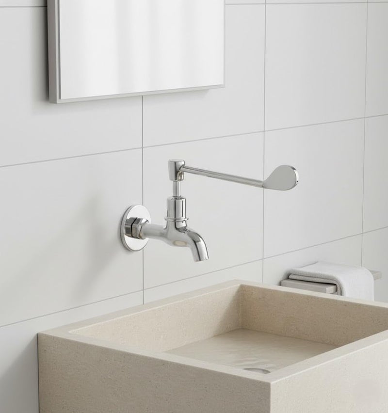KAMAL Full Brass Eco Elbow Action Bib Cock Tap | Wall Mount Faucet with Wall Flange | Chrome Finish | Durable & Rust Resistant | Silver (Pack of 1) - Image 1