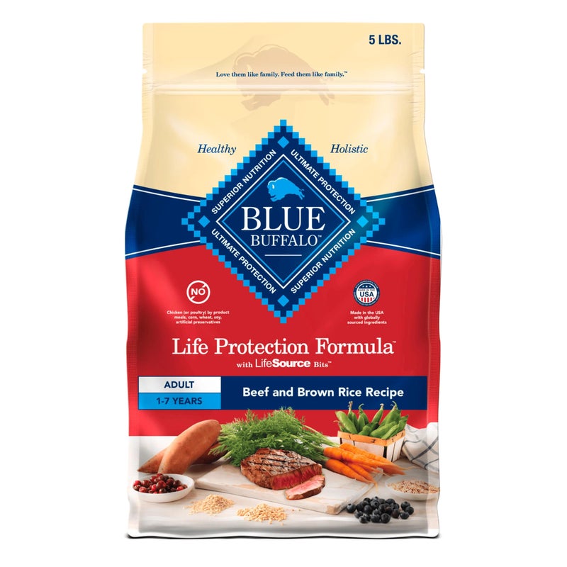 Blue Buffalo Life Protection Formula Adult Dry Dog Food, Helps Build and Maintain Strong Muscles, Made with Natural Ingredients, Beef & Brown Rice Recipe, 5-lb. Bag - Image 1