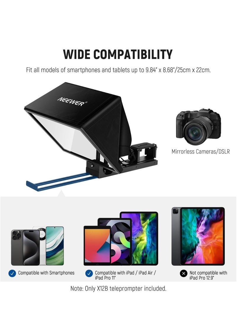 Neewer BASICS X12B Aluminium Alloy Liftable Teleprompter 12 Inch for iPad Tablet Phone DSLR Camera, Remote Control & App Control, Compatible with iOS Android, Pro for Online Lessons Live Streaming - Image 4
