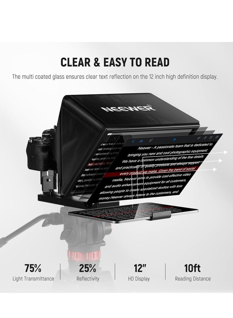 Neewer BASICS X12B Aluminium Alloy Liftable Teleprompter 12 Inch for iPad Tablet Phone DSLR Camera, Remote Control & App Control, Compatible with iOS Android, Pro for Online Lessons Live Streaming - Image 2