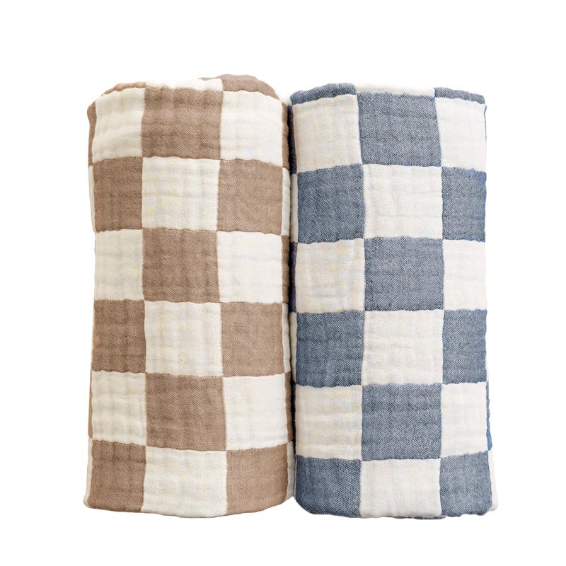 REPRECONF Ultra Soft Checkered Muslin Baby Blanket Pack of 2 Cotton Swaddles Bed Blankets for Babies and Toddlers Boys Newborn 42 x 42 inches (Blue and Coffee) - Image 1