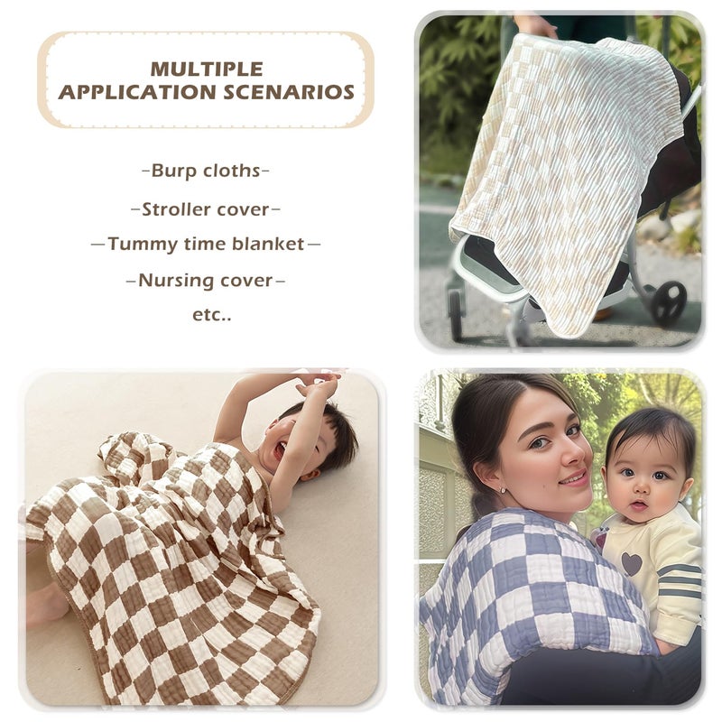 REPRECONF Ultra Soft Checkered Muslin Baby Blanket Pack of 2 Cotton Swaddles Bed Blankets for Babies and Toddlers Boys Newborn 42 x 42 inches (Blue and Coffee) - Image 4