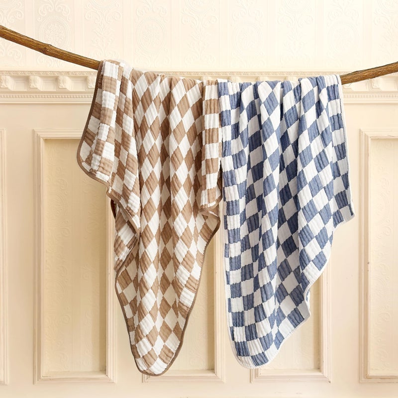 REPRECONF Ultra Soft Checkered Muslin Baby Blanket Pack of 2 Cotton Swaddles Bed Blankets for Babies and Toddlers Boys Newborn 42 x 42 inches (Blue and Coffee) - Image 2
