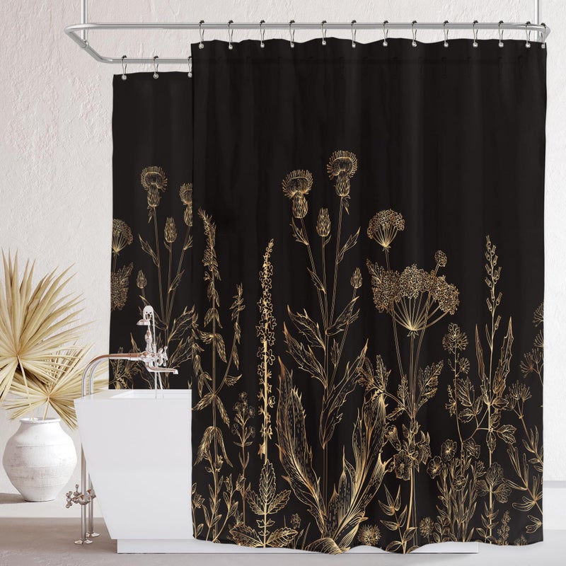 Riyidecor Clawfoot Tub Extra Wide Shower Curtain for Bathroom Decor 180Wx70H Black and Gold Floral Wildflower Wrap All Around Circular Round Art Printed Fabric Polyester Waterproof 32 Pack FALSE Hooks - Image 1