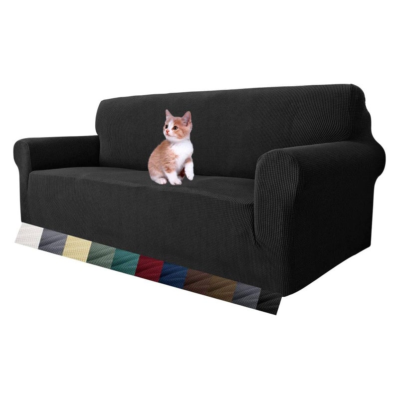 MAXIJIN Super Stretch Couch Cover for 3 Seater Couch 1Piece Universal Sofa Covers Living Room Jacquard Spandex Furniture Protector Dogs Pet Friendly Fitted Couch Slipcover 3 Seater Black