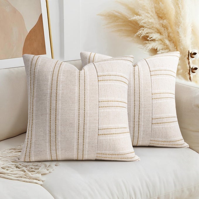 18X18 DECORATIVE FARMHOUSE LINEN THROW PILLOW COVERS BOHO TEXTURED PILLOW CASE SET OF 2 BEIGE WITH WHITE BROWN STRIPE PATCHWORK CUSHION COVER FOR SOFA COUCH LIVING ROOM COVER ONLY