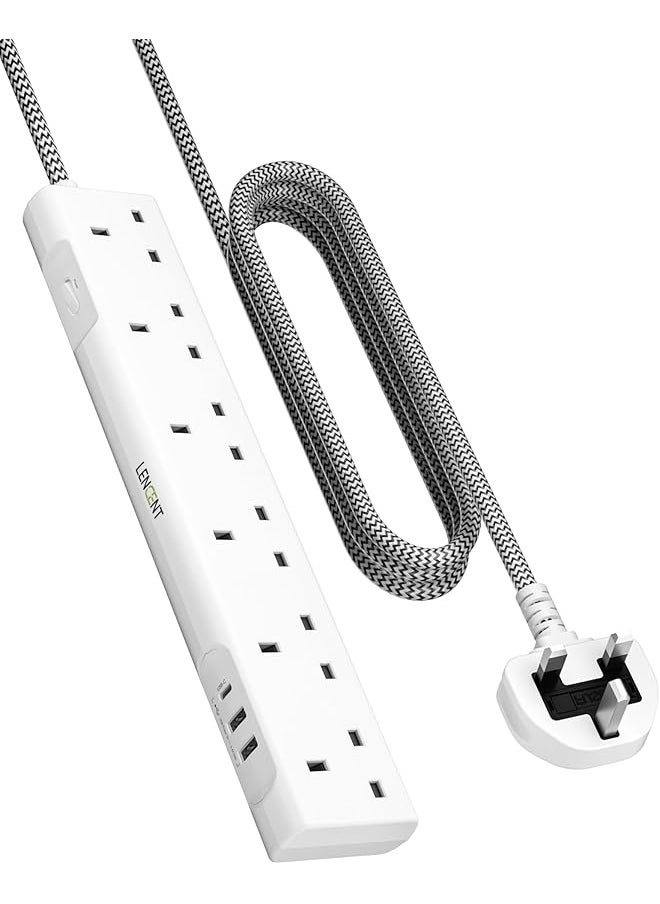 Lencent LENCENT Extension Lead with USB C Port, 3250W 13A, 6 Way Outlets Power Strip with 1 USB-C and 2 USB Slots, Multi Power Plug Extension with 1.8M Braided Extension Cord for Home Office, White  - Image 1