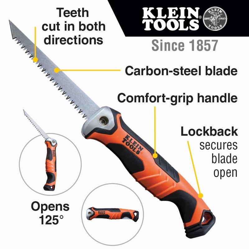 Klein Tools 31737 Folding Jab Saw / Drywall Hand Saw with Lockback at 180 and 125 Degrees and Tether Hole - Image 2