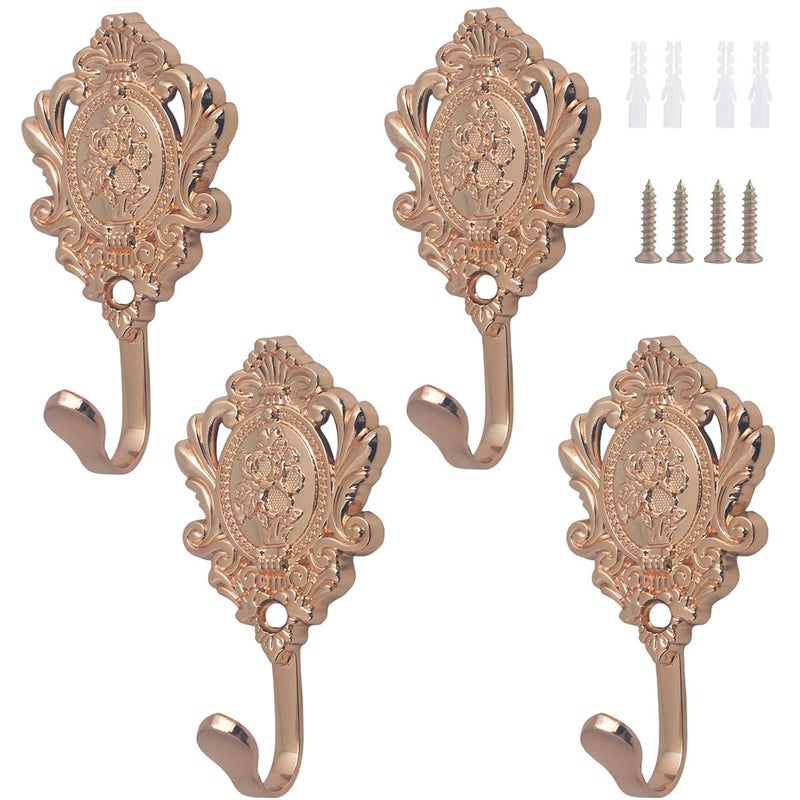 Kuasting 4 Pack Vintage Drapery Rose Curtain Holdbacks Tieback Hooks Decorative Hooks Flower Retro Ornate Style Rose Pattern Chic Key Hooks Wall Mount Gold Vintage Hook for Hanging Coats (Gold) - Image 1
