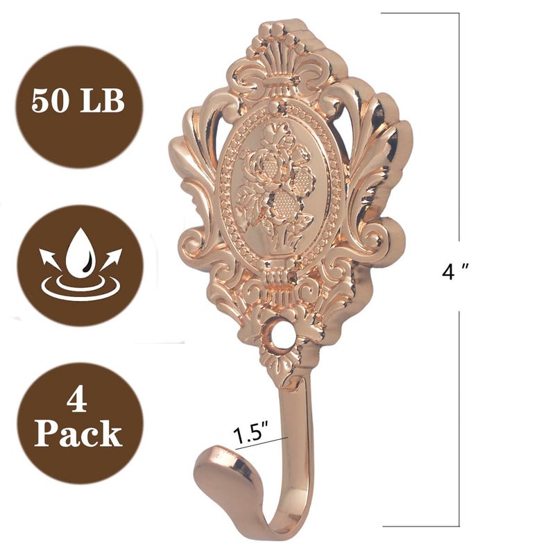 Kuasting 4 Pack Vintage Drapery Rose Curtain Holdbacks Tieback Hooks Decorative Hooks Flower Retro Ornate Style Rose Pattern Chic Key Hooks Wall Mount Gold Vintage Hook for Hanging Coats (Gold) - Image 2