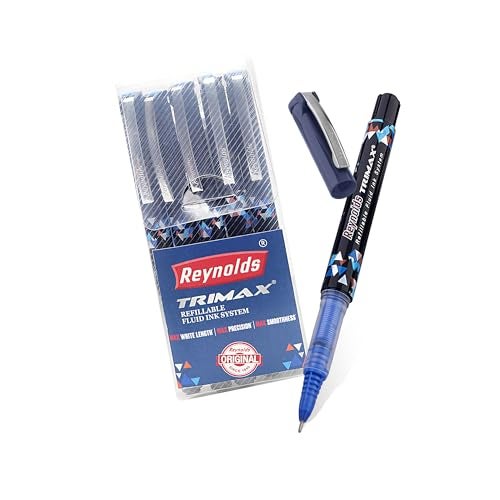 Reynolds TRIMAX RollerBall Pen SET - 5 PENS BLUE | ROLLER BALL PEN FOR WRITING | PEN FOR STUDENTS & OFFICE STATIONERY | 0.5 mm TIP SIZE - Image 1