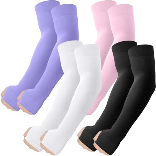 ROXUN 4 Pairs Arm Sleeves with Thumb Hole Cooling UV Sun Protection Compression Tattoo Cover Up for MenWomen BlackWhitePurplePink - Image 1