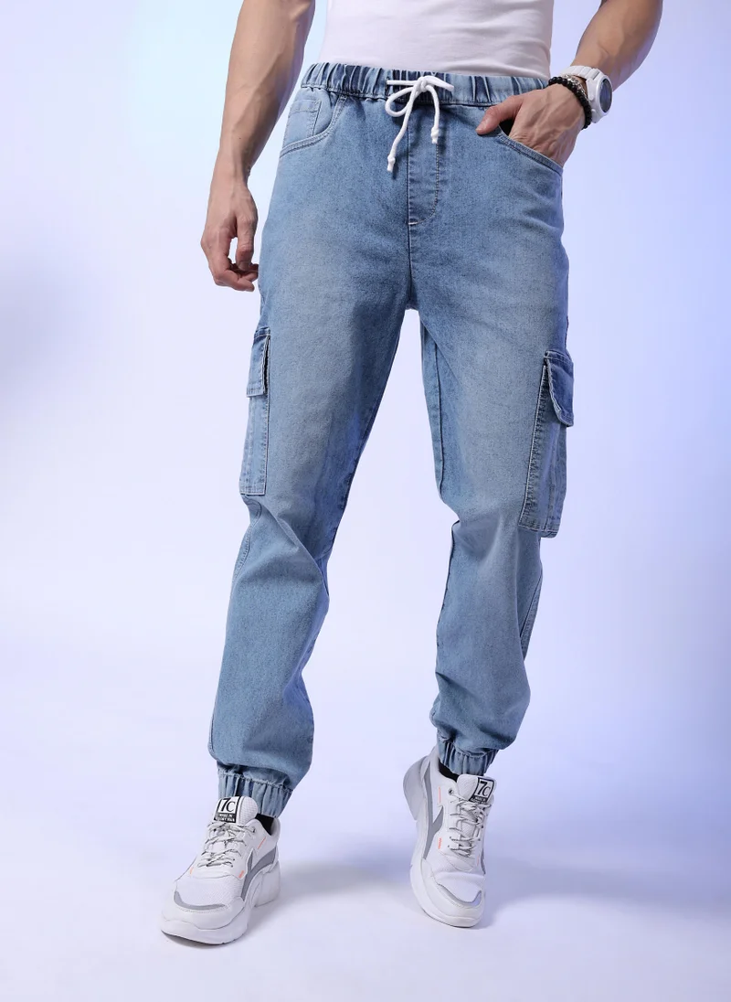 Men Regular Fit Solid Mid-Rise Stretchable Denim Cargo Joggers