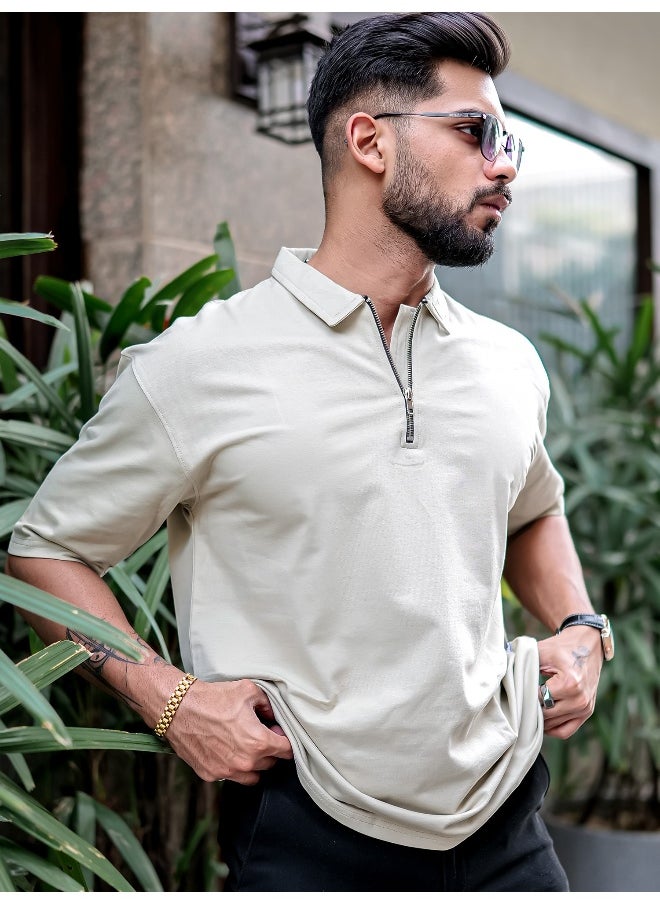 Maniac Maniac Men Polo Neck 3/4th Sleeve Beige Cotton Oversized T-Shirt  - Image 3