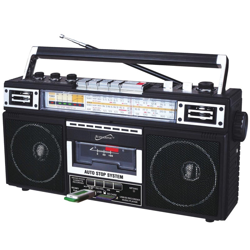 SUPERSONIC راديو وكاسيت بومبوكس سوبر سونيك SC-3201BT 4 نطاقات، مكبر صوت بلوتوث، راديو AM/FM/SW مع تشغيل MP3، USB وبطاقة SD، 3 نطاقات EQ ومدخل سماعة. - Image 5