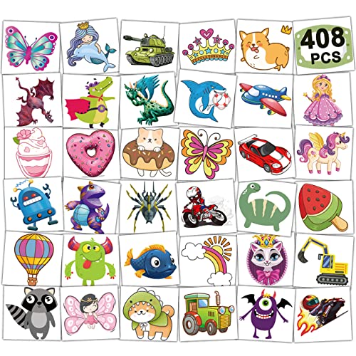CHARLENT 408 PCS Individually Wrapped Temporary Tattoos for Kids  Mixed Tattoos for Kids Birthday Party Favors Goodie Bag Fillers