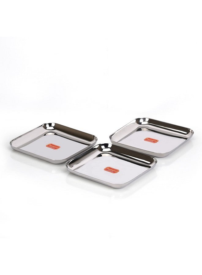 Sumeet Stainless Steel Medium Square Shape Plate/Snacks Plate/Breakfast Plate Set of 3pcs, 17.5cm Dia, Silver - Image 1