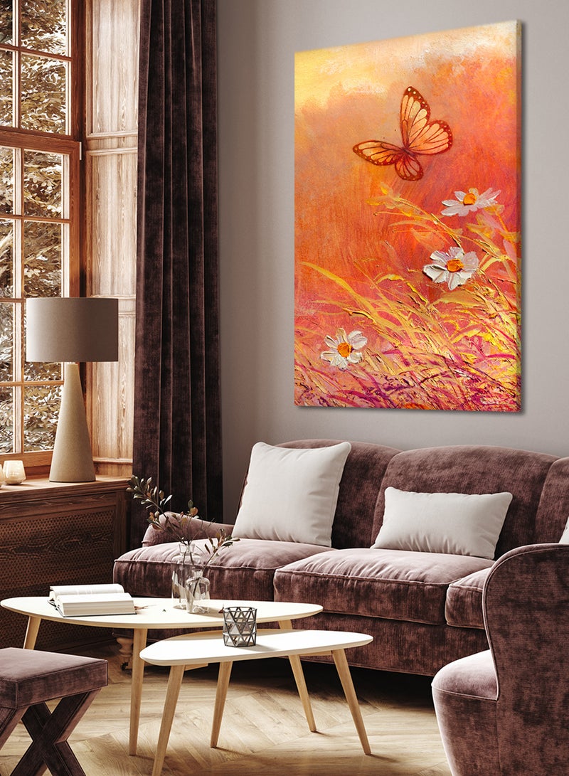 LOWHA Canvas Wall Art Stretched Over Wooden Frame with Butterfly With Daisy Painting  - Image 1