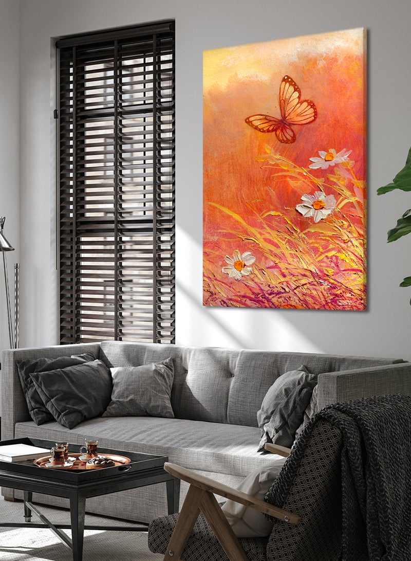 LOWHA Canvas Wall Art Stretched Over Wooden Frame with Butterfly With Daisy Painting  - Image 3