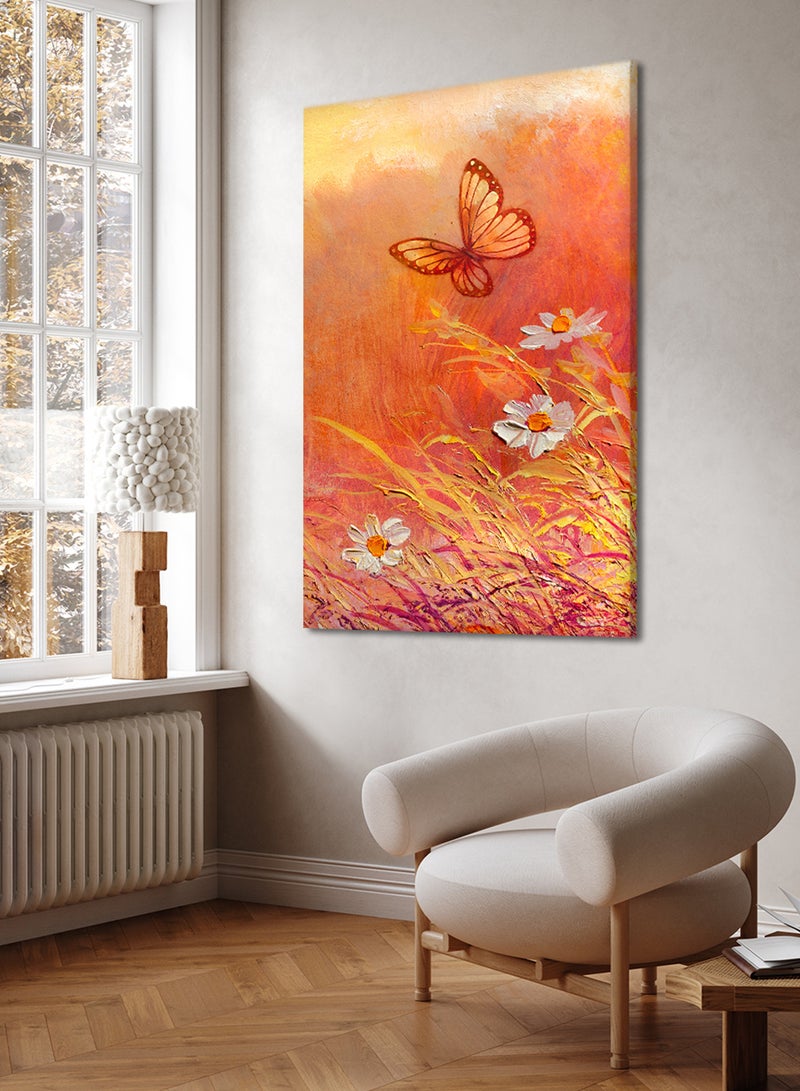 LOWHA Canvas Wall Art Stretched Over Wooden Frame with Butterfly With Daisy Painting  - Image 2
