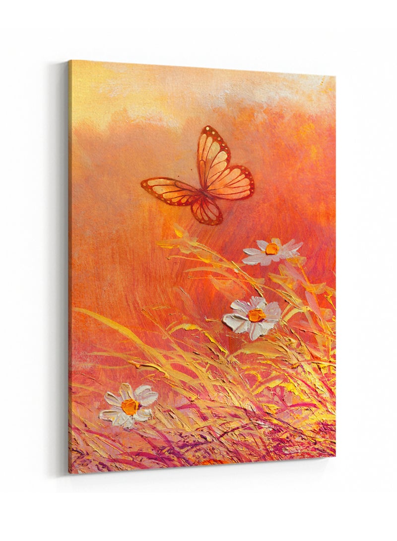 LOWHA Canvas Wall Art Stretched Over Wooden Frame with Butterfly With Daisy Painting  - Image 4