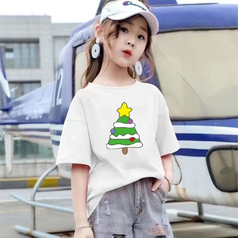 2205# Boys And Girls Casual T-Shirt Short Sleeve Cotton Top Women'S Summer Korean Style Middle And Big Kids Loose Western Style Base Shirt - Image 5