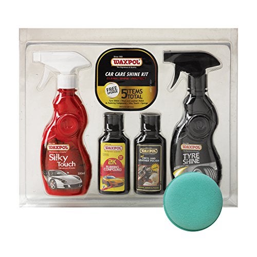 Waxpol Complete Car & Bike Shine Kit with Sponge | High Gloss Exterior Polish, Tyre Shine, Dashboard & Vinyl Polish, Rubbing Compound | High Gloss, Scratch Removal & Protection Combo - Image 1