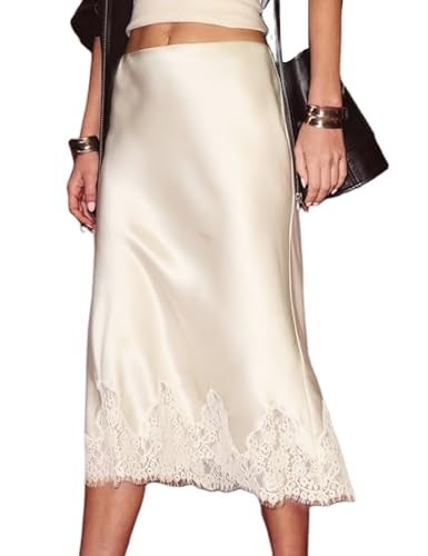 Yimoon Lace Trim Satin Midi Skirt for Women Elegant Elastic Waistband Cocktail Party Flowy A Line Silk Skirt (Beige-S) - Image 1