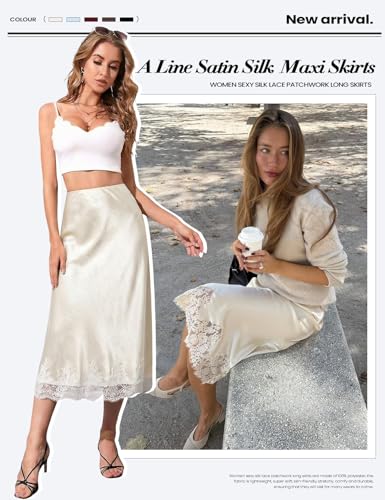 Yimoon Lace Trim Satin Midi Skirt for Women Elegant Elastic Waistband Cocktail Party Flowy A Line Silk Skirt (Beige-S) - Image 4