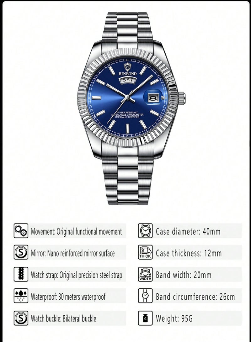 بينبوند ساعة BINBOND للرجال كوارتز مقاومة للماء وتاريخ الأسبوع ساعة رجالية من الفولاذ المقاوم للصدأ ساعة عمل للرجال - Image 5