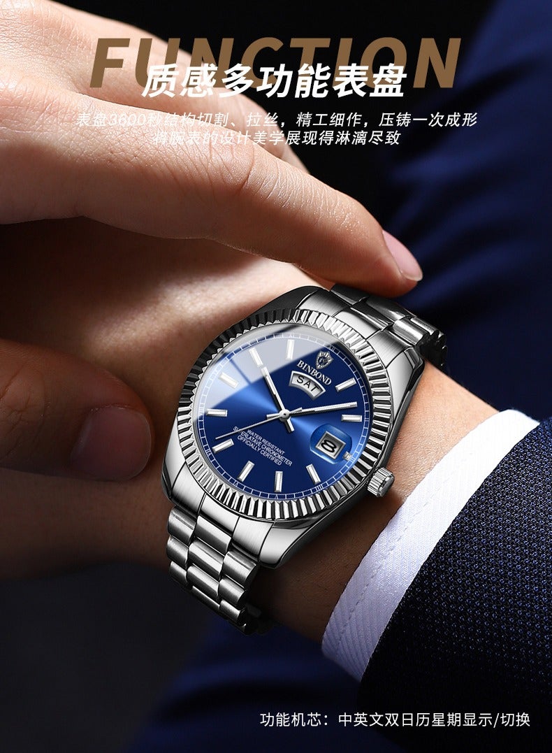 بينبوند ساعة BINBOND للرجال كوارتز مقاومة للماء وتاريخ الأسبوع ساعة رجالية من الفولاذ المقاوم للصدأ ساعة عمل للرجال - Image 4