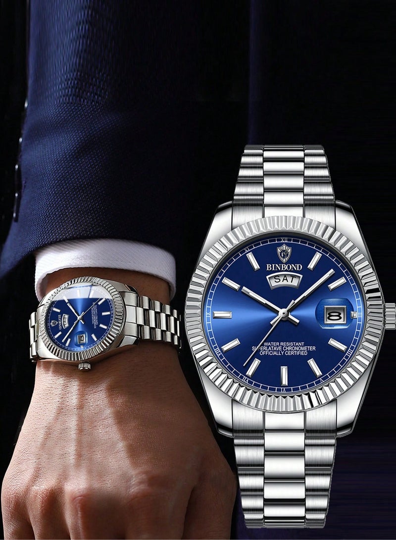 بينبوند ساعة BINBOND للرجال كوارتز مقاومة للماء وتاريخ الأسبوع ساعة رجالية من الفولاذ المقاوم للصدأ ساعة عمل للرجال - Image 2