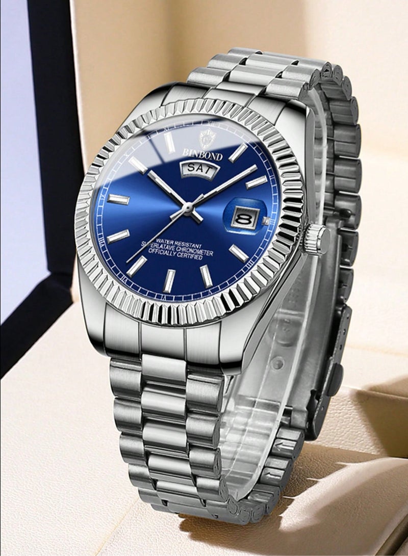 بينبوند ساعة BINBOND للرجال كوارتز مقاومة للماء وتاريخ الأسبوع ساعة رجالية من الفولاذ المقاوم للصدأ ساعة عمل للرجال - Image 1