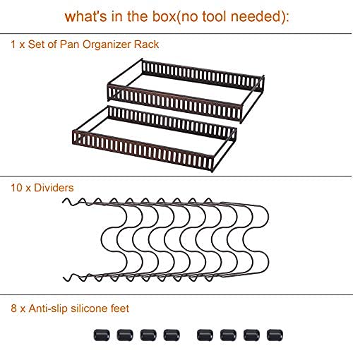 Toplife Pots and Pans Organizer Rack for Cabinet and Countertop, 10+ Pot Lids, Bakeware and Cookware Holder with 10 Adjustable Compartments - Black - Image 5