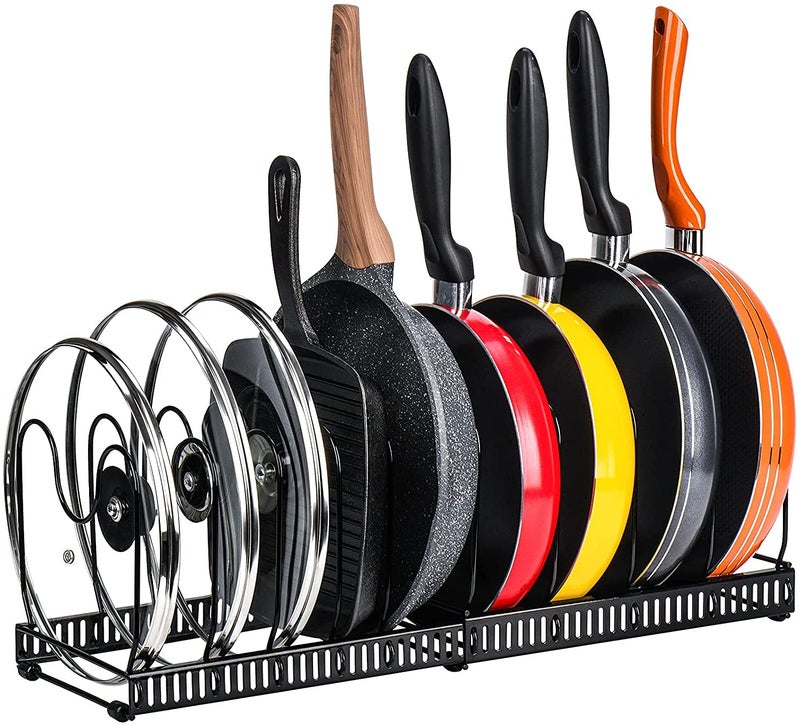 Toplife Pots and Pans Organizer Rack for Cabinet and Countertop, 10+ Pot Lids, Bakeware and Cookware Holder with 10 Adjustable Compartments - Black - Image 1