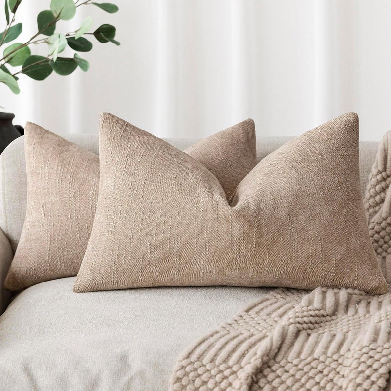 Foindtower Set of 2 Textured Chenille Throw Decorative Pillow Covers Square Accent Solid Cushion Cover Neutral Farmhouse Lumbar Pillow Case for Couch Sofa Bedroom Living Room 12x20 Inch,Cream Camel - Image 1