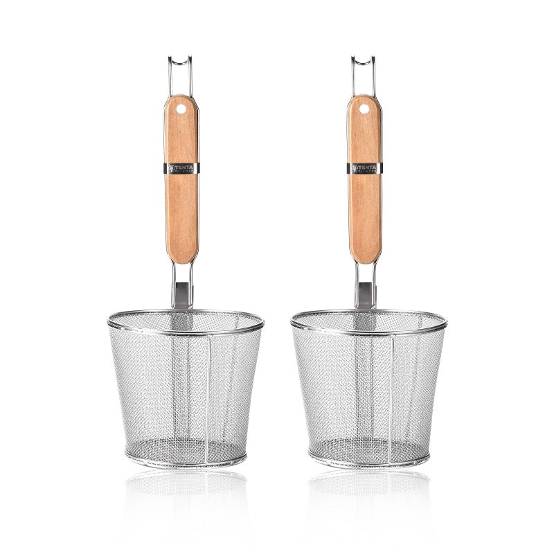 TENTA TENTA KITCHEN سلة تصفية المعكرونة من الفولاذ المقاوم للصدأ 2 قطعة بشبكة دقيقة ومقبض خشبي مناسبة لطهي الطعام مثل السباغيتي والزلابية قطر 55 بوصة 14 سم