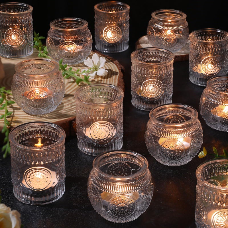 Devi 30 Pcs Assorted Clear Votive Candle Holders, Wedding Centerpieces Table Decorations, Glass Tea Lights Candle Holder for Party Decorations, Vintage Boho Candle Holders Bulk for Wedding Receptions - Image 1