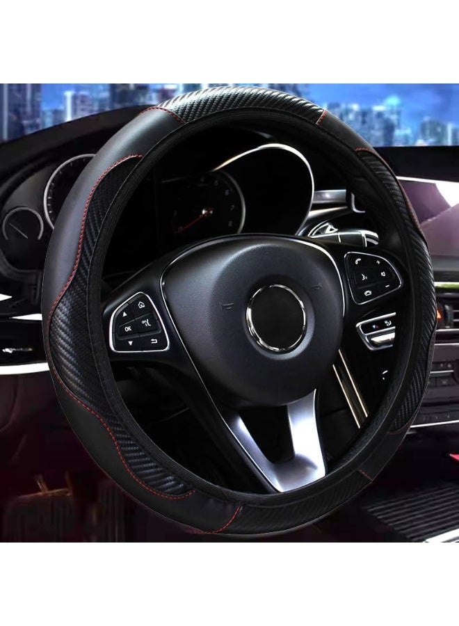 15 inch Car Steering Wheel Cover, Carbon Fiber Microfiber PU Leather Elastic Steering Wheel Protector for Men Women, Anti-Slip Breathable Car Interior Accessories (Black) - Image 1