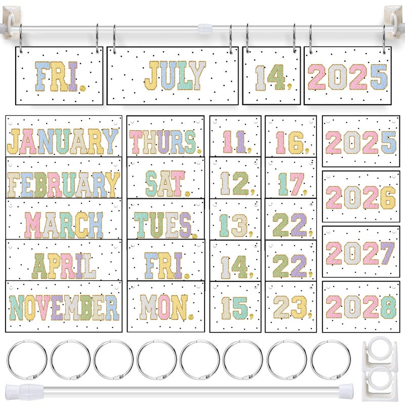 TecUnite Chenille Calendar Bulletin Board Set Classroom Bulletin Board Decor 54 Date Cards Colorful Embroidery Flip Calendar with Adjustable Holder for Back to School Supplies - Image 2
