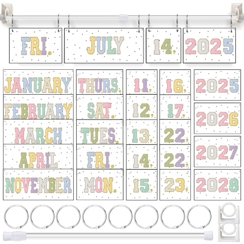 TecUnite Chenille Calendar Bulletin Board Set Classroom Bulletin Board Decor 54 Date Cards Colorful Embroidery Flip Calendar with Adjustable Holder for Back to School Supplies - Image 1