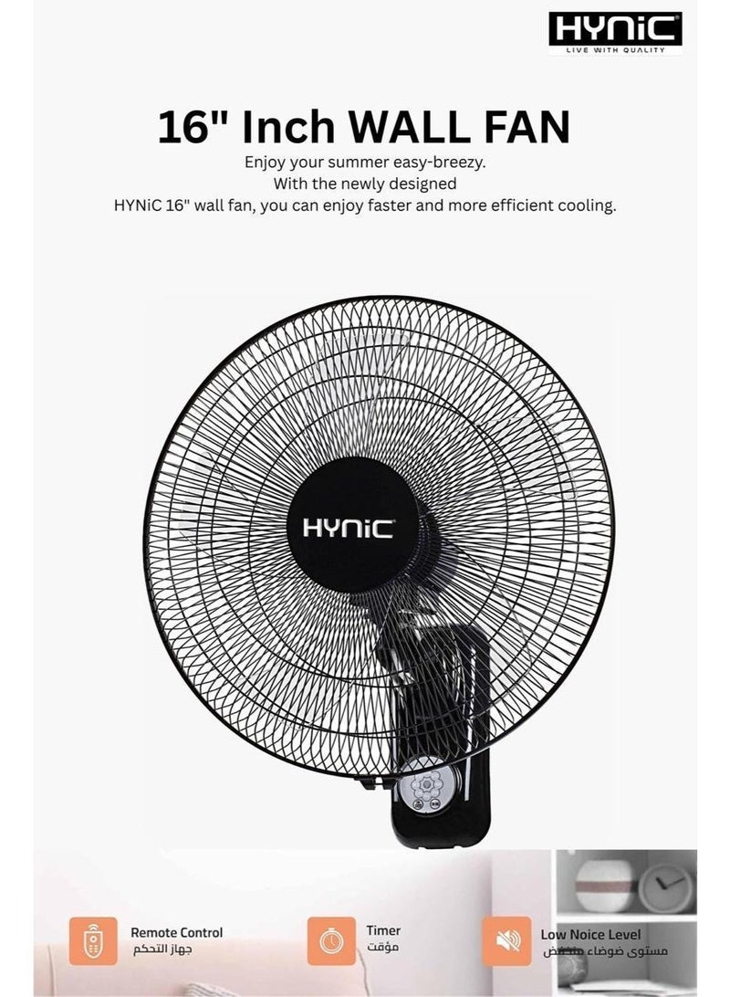Hynic 16-Inch Wall Mounted Fan | 70W High Performance Motor | 6 Transparent AS Blades | 3-Speed Control with Remote & Touch Button | 60-Minute Timer & Adjustable Tilt - Image 3